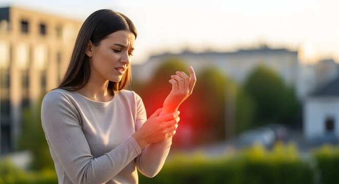 Young woman holding her painful wrist in an urban setting. Carpal tunnel syndrome and joint inflammation. Female feeling sharp pain in her hand outdoors with a red glow