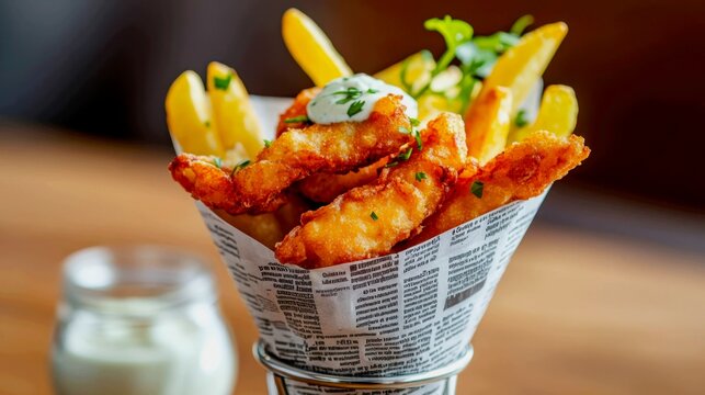  A stylish cone made from black and white newspaper print holds crispy battered fish goujons (strips) and thin, skin-on fries