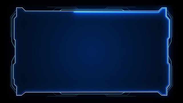 Blue futuristic HUD frame background neon border, glowing tech corners, dark empty center, clean digital layout. gaming videos, cyber intros, software promos, live streams, title cards sci fi overlays