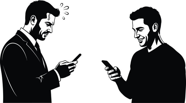 Stressed professional man in a suit looks at his smartphone while a relaxed casual man smiles at his own mobile device in this vector illustration