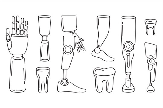 Rehabilitation healthcare line illustration with prosthetic limbs, amputee support devices, and mobility equipment