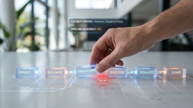 Individual touching a button on a table, highlighting the control of data pipeline latency in information systems