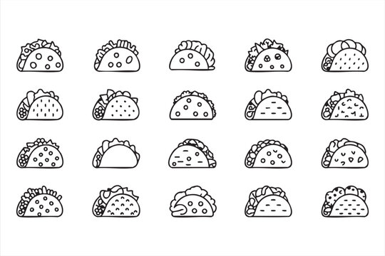 Taco line icon set with Mexican food, tortilla wraps, fillings, restaurant menu, and street food symbols