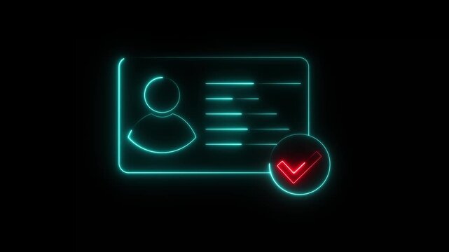 Neon Id card animation. Glowing Profile verify icon motion graphics. Animated personal information icon. NID card verify. Driver's license verified 4k video.
