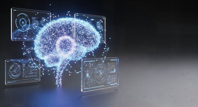Digital brain illuminated with blue particles during a data analysis with holographic interfaces in a dark studio