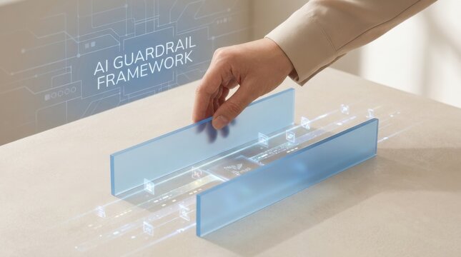 Individual touching a blue glass representing the concept of ai guardrail framework and safety measures