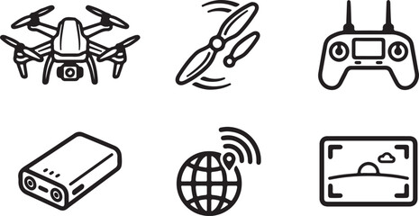 Drone and drone accessories vector line icons set. modern drone technology, remote control, and power bank. © BrandUp