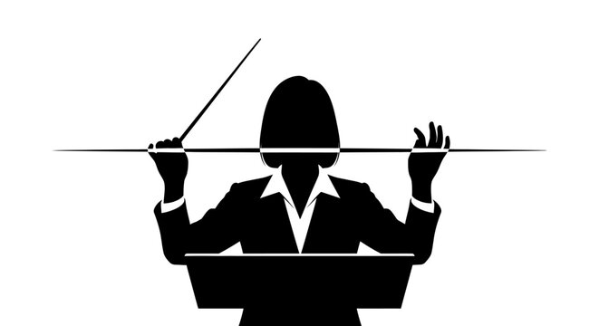 Black and white silhouette of a female conductor leading an orchestra.
