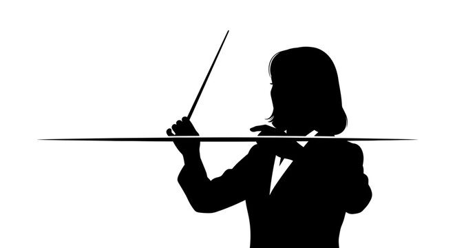Silhouette of a female orchestra conductor holding a baton against white background.