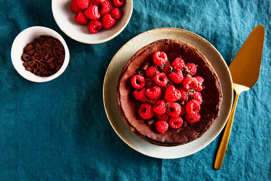 Chocolate Basque Cheesecake with Raspberries and Chocolate Horizontal Shot