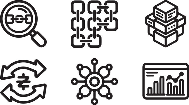 Blockchain technology vector line icons set. cryptocurrency blockchain system, smart contract, and financial data.