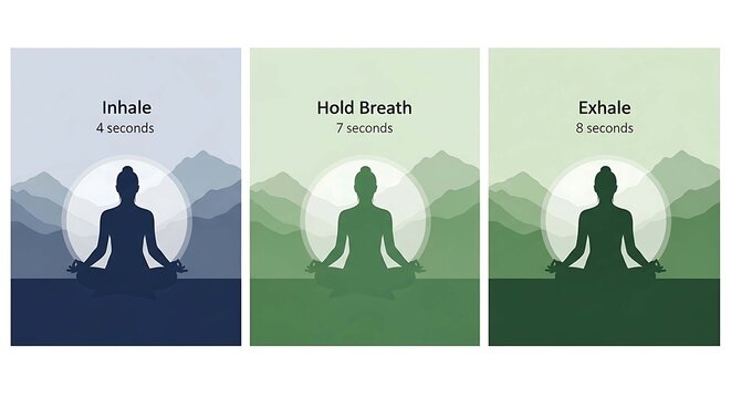 Breathing exercise guide showing inhale hold and exhale steps for yoga meditation calm