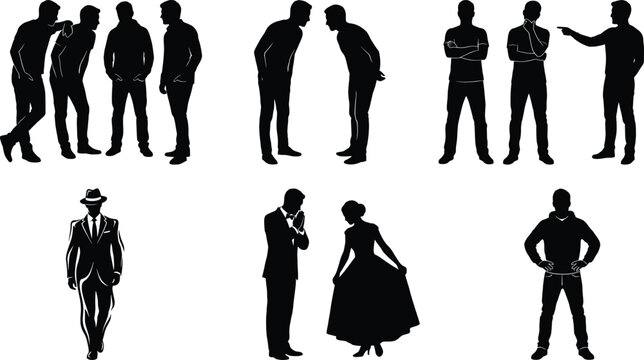 People silhouettes collection showing conversation argument casual poses and formal couple isolated on white background