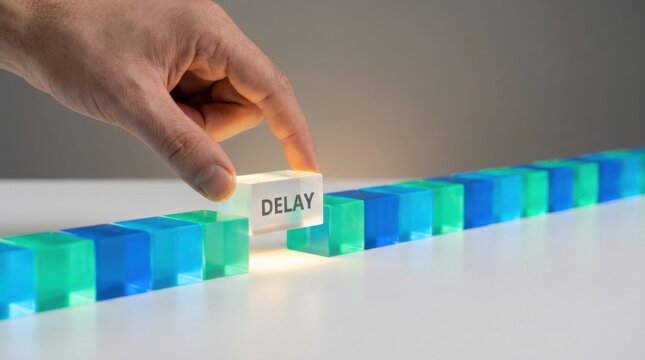 A person placing a block of plastic with the word delay to represent process latency reduction concept