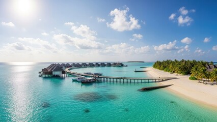 Obraz premium overwater bungalows tropical beach resort aerial view turquoise lagoon paradise vacation