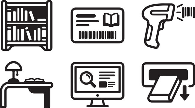 Library and book management system icons for organization and search.