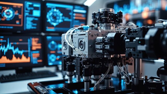 Advanced robotics systems interaction in high-tech lab gigapixel art scale closeup view