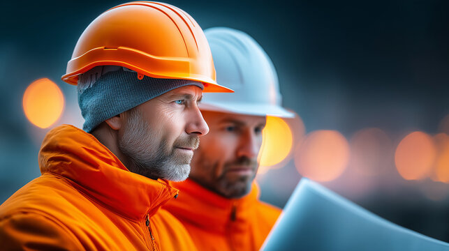 Construction Team Reviewing Architectural Blueprints at Active Building Site - Teamwork and Engineering Concept with Cinematic Premium Look and Dramatic Lighting

