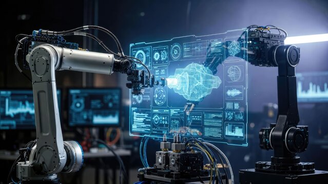 Modern lab robotics advanced interaction technology in an industrial digital display setting