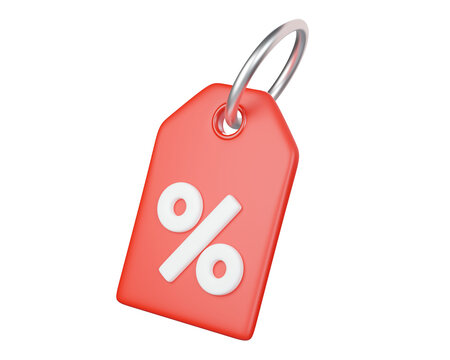 3D red price tag with white percent symbol, isolated on background. Modern discount label for sale, special offer, price reduction, marketing, and promotions. 3d render 
