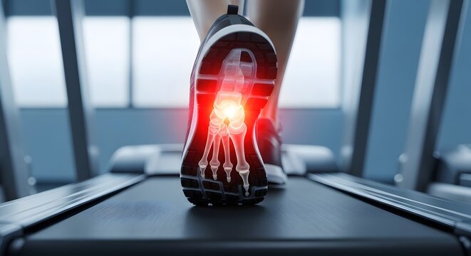 Foot bone fracture and treadmill workout injury. Sports medicine and orthopedic recovery. X-ray of foot bones through a running shoe showing glowing red pain on the metatarsals and heel