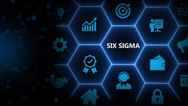 Six sigma concept. The DMAIC industrial technology quality control, industrial process improving and lean concept. Businessman touching on Six sigma symbol surrouded by the process of improvement icon