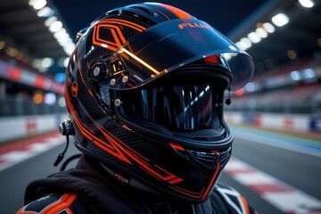 Fototapeta premium Close-up of a racer wearing a detailed black and orange helmet in an indoor racing track.