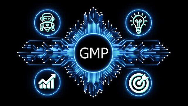 GMP logo on glowing circuit board network, connected business icons for finance, analytics, partnership, growth and innovation on black background