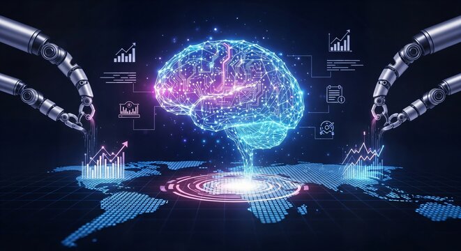 Digital brain with robotic arms analyzing global data on a dark futuristic background