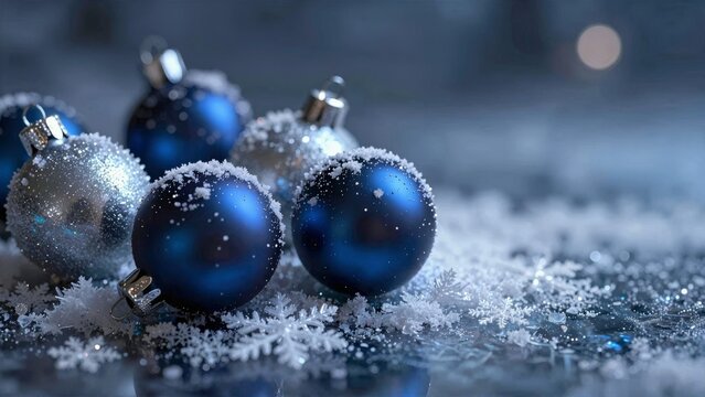 Blue and Silver Christmas Baubles with Frost and Snow
