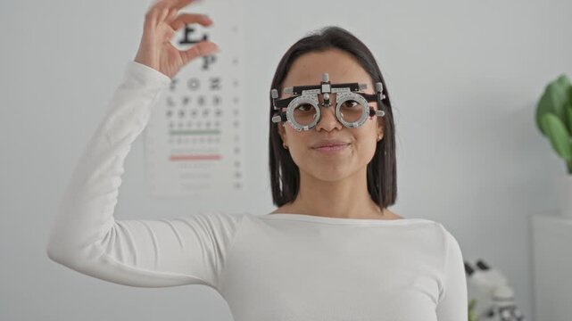 Woman wearing optometric trial frame and making ok hand gesture while facing camera during an eye exam in an optometry building with snellen chart and potted plant visible; confidence.