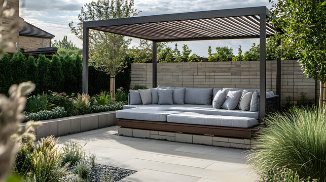 modern outdoor daybed with cushions in cozy garden pergola setting