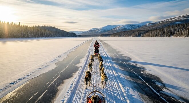 Dog sled team racing on frozen lake.