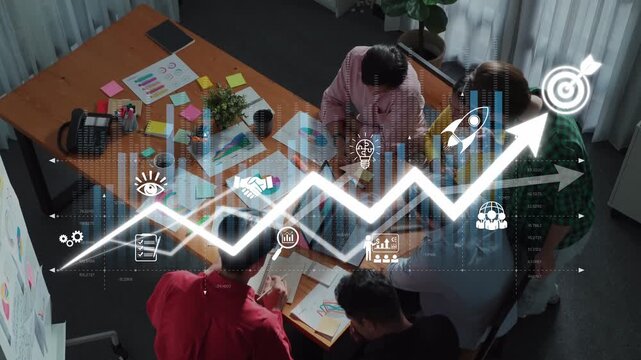 A dynamic meeting scene featuring a diverse team collaborating on growth strategies while analyzing data and utilizing visual aids to enhance productivity and innovation. Raster