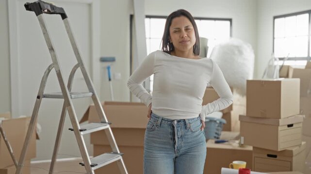 Woman with hands on lower back beside stacked moving boxes in building, standing with a slight wince showing backache; fatigue moving stress.