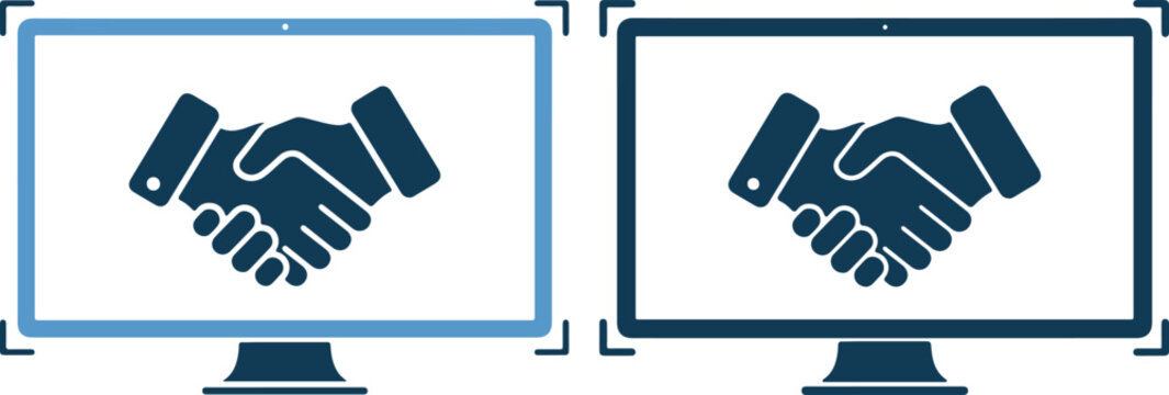 Two computer monitors with handshake on screen and blue and dark blue outline