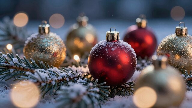 Festive Red and Gold Christmas Baubles in Snowy Fir Branches