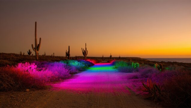 Vibrant desert landscape at sunset with neon-lit cacti and colorful lighting effects