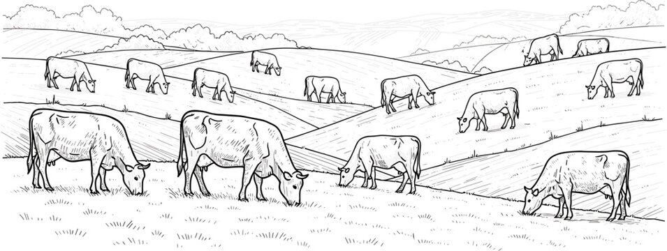 Hand Drawn Sketch Style Cow Herd Grazing on Rural Countryside Farm Landscape with Rolling Hills for Agricultural and Nature Design