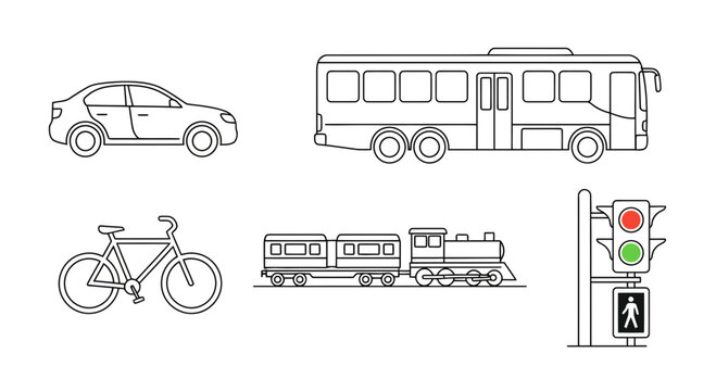 Line art icons of essential urban transportation car, bus, bicycle, train, and traffic light with pedestrian signal, depicting city travel, road safety, and mobility