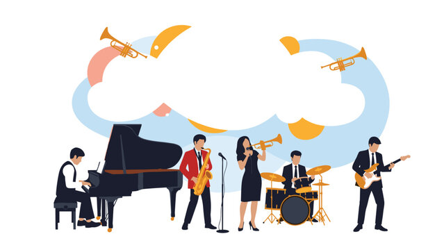 Talented jazz band silhouette performing on stage with a piano, saxophone, drums, guitar, and a female singer.