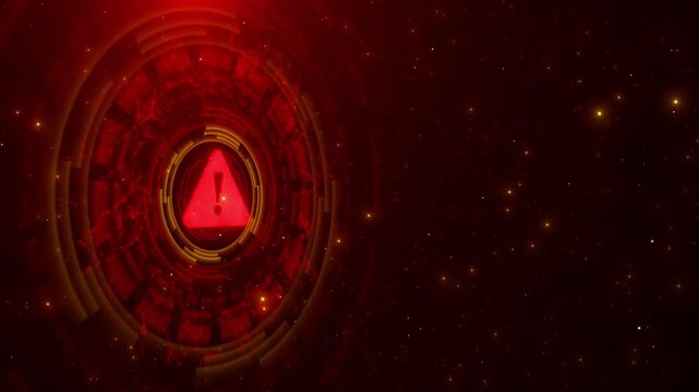 Red alert technology background warning triangle, exclamation mark, HUD rings, dark particle field. cyber security videos, error screens, danger alerts, breach promos, system warnings, urgent overlays
