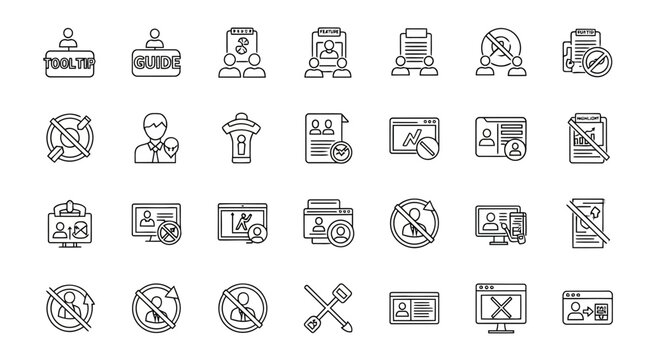 A diverse collection of digital interface line icons illustrating user profiles, account management, access control, and online security concepts for various web and application development projects