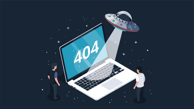 Creative 404 error page illustration showing a laptop with a UFO beam and people standing in a starry space.