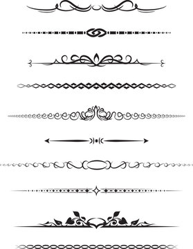 Set of vintage calligraphic design elements featuring ornate floral scrolls and Victorian style vector borders for elegant page decoration