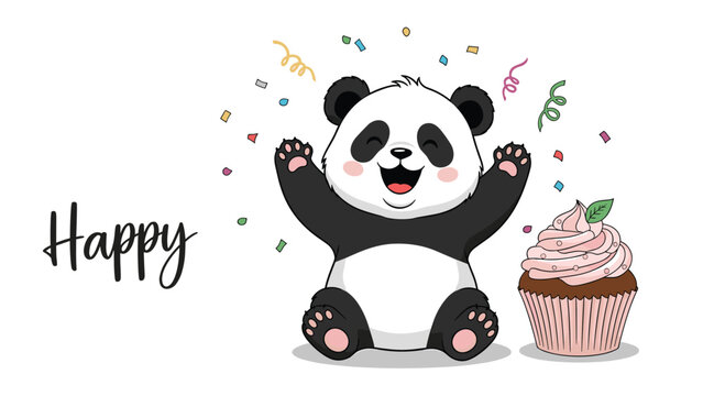 Joyful panda character celebrates a birthday with a delicious cupcake, colorful confetti, and streamers on a clean white background.
