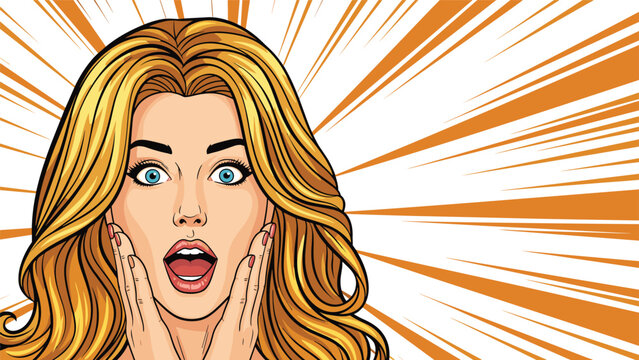 Dramatic pop art illustration of a surprised young woman with her hands on her cheeks and mouth open against an orange sunburst background.