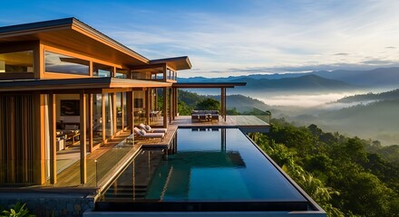 Fototapeta premium Modern luxury villa features a spacious wooden deck with an infinity swimming pool and comfortable lounge furniture for outdoor relaxation