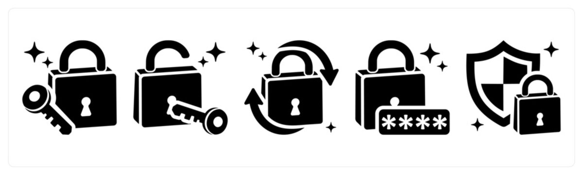 A set of 5 icons as lock, unlock, change password