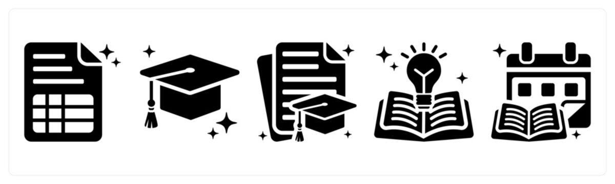 A set of 5 icons as syllabus, graduation cap, curriculum
